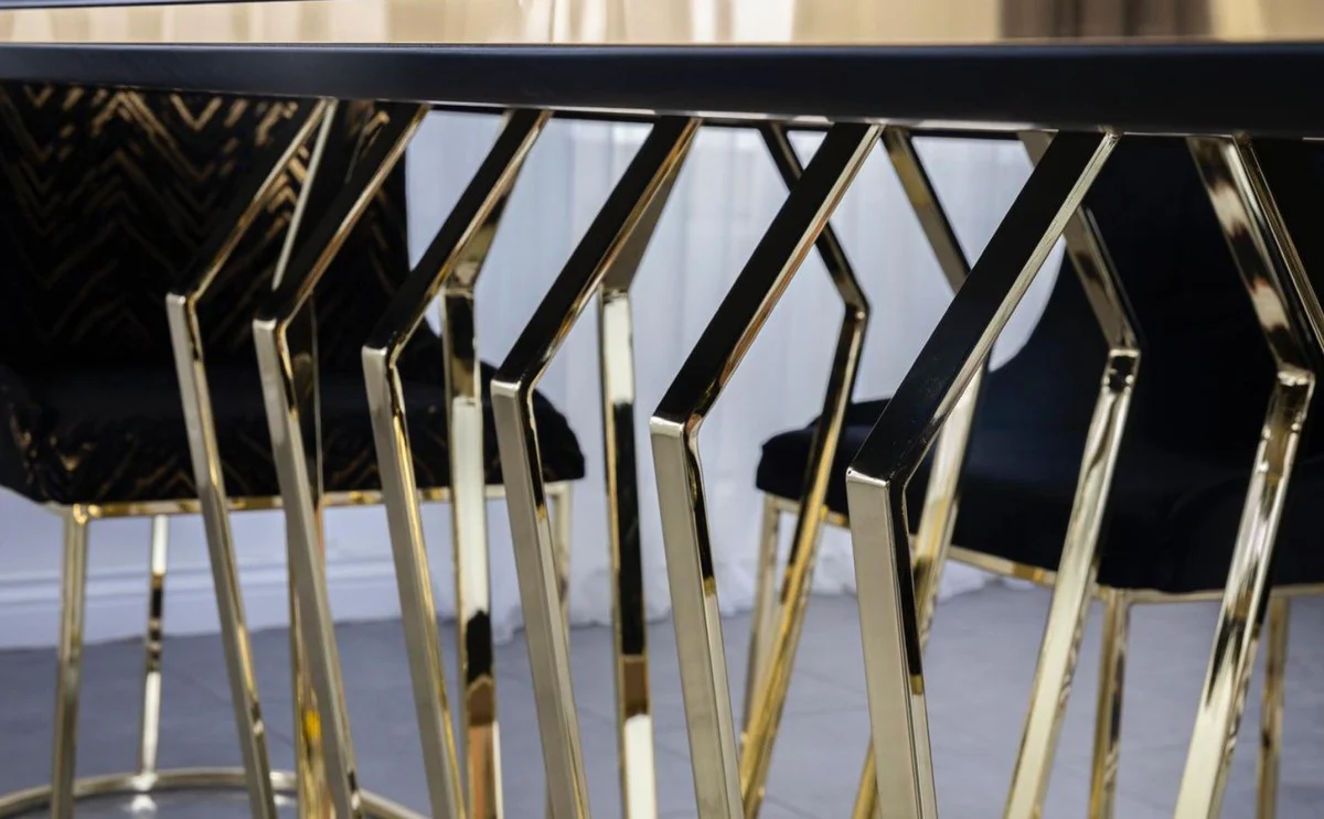 Luxus Esszimmer Möbel Set Schwarz / Gold - 1 Esszimmertisch & 6 Esszimmerstühle - Luxus Esszimmer Möbel