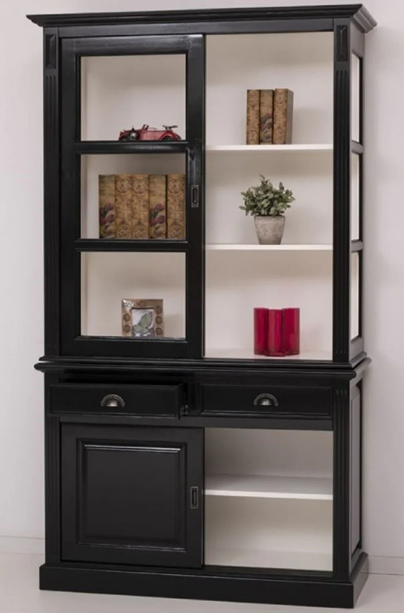 Landhausstil Schrank Schwarz / Weiß 128 x 51 x H. 220 cm - Massivholz Vitrine mit 4 Schiebetüren und 2 Schubladen - Landhausstil Massivholz Möbel