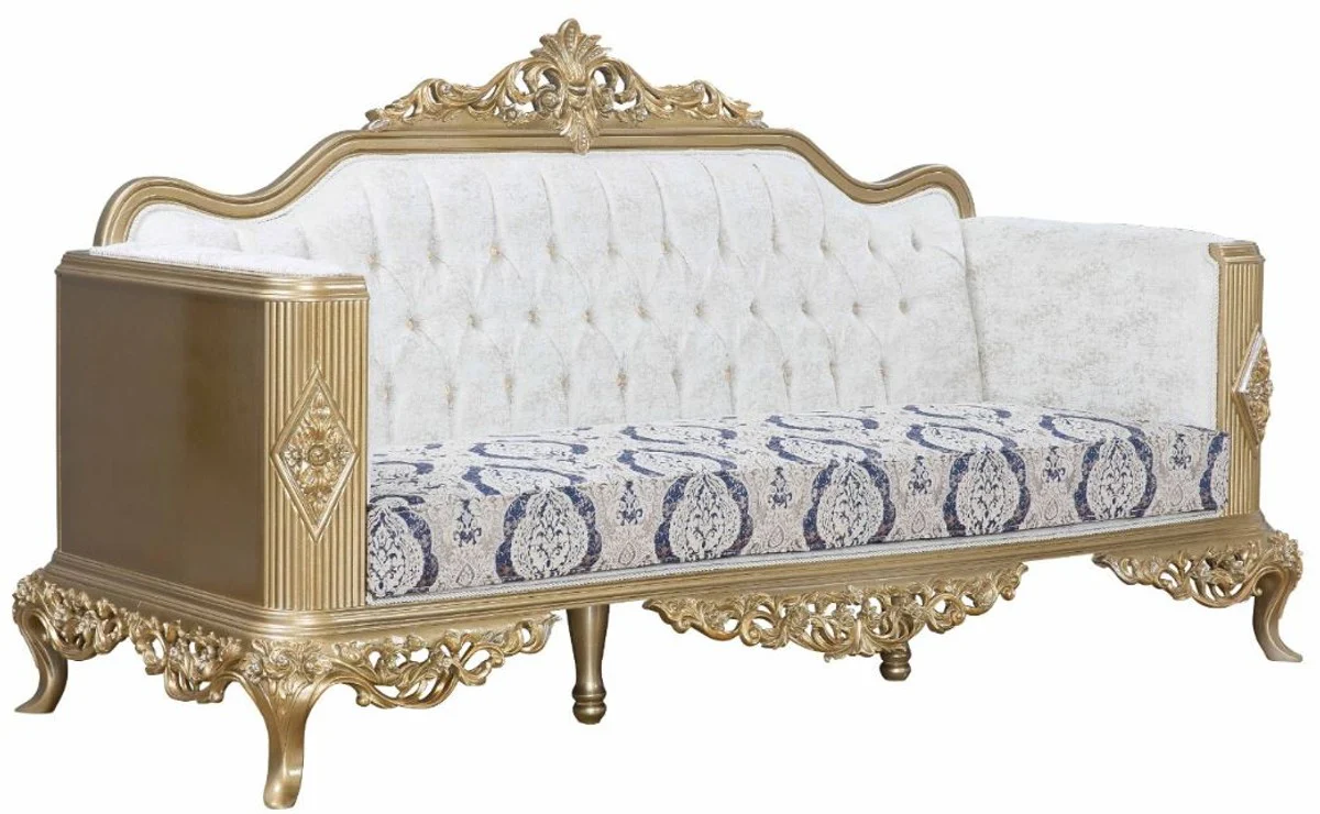 Luxus Barock Sofa Blau / Weiß / Gold 234 x 93 x H. 124 cm - Wohnzimmer Möbel im Barockstil - Edel & Prunkvoll