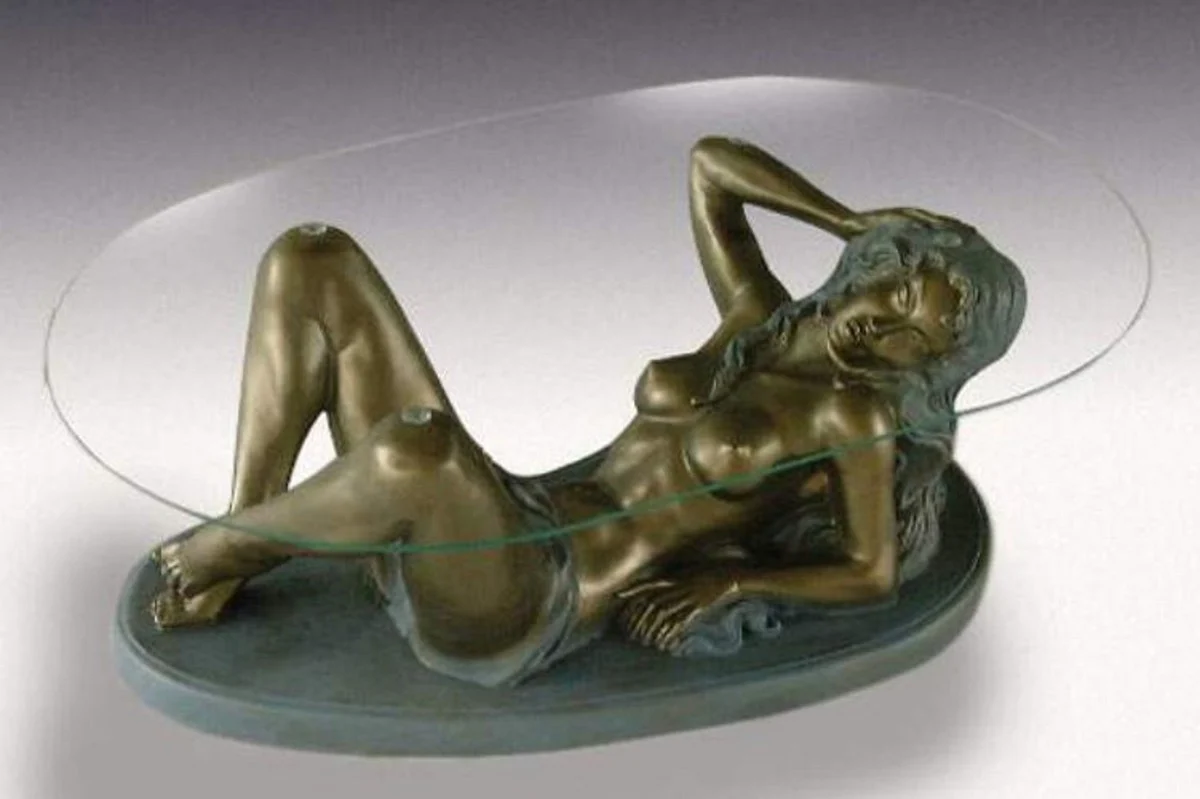 Jugendstil Couchtisch Frau Antik Messing / Grau H. 45 cm - Eleganter Wohnzimmertisch mit ovaler Glasplatte - Barock & Jugendstil Möbel