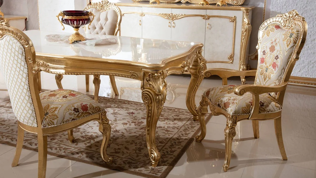 Luxus Barock Esszimmer Set Weiß / Mehrfarbig / Gold
