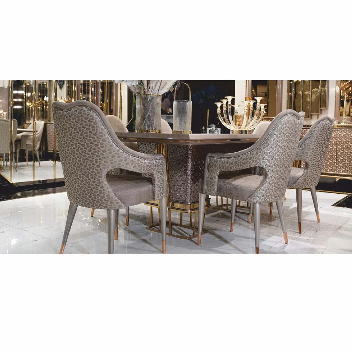 Luxus Esstisch Weiß / Grau / Gold 223 cm - Esszimmer Möbel