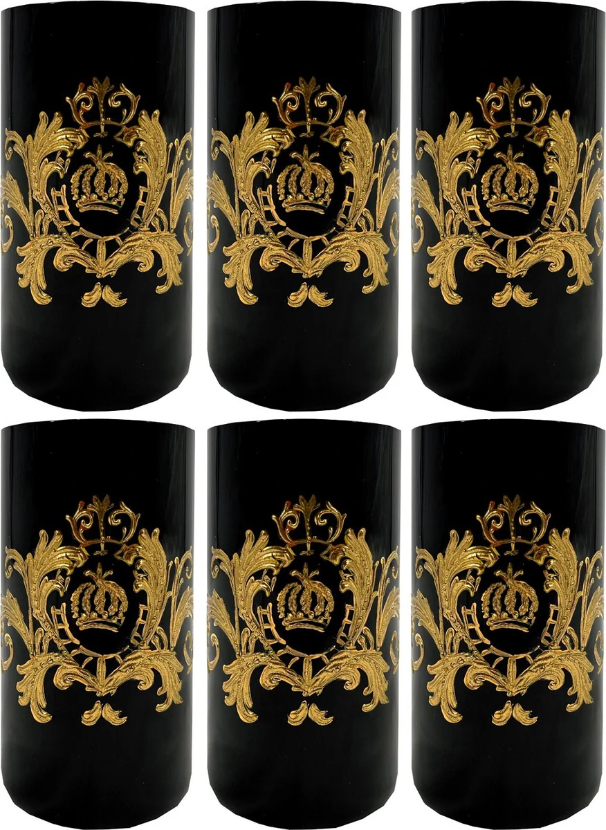 Pompöös by Luxus Wasserglas Set Schwarz / Gold Ø 6,5 x H. 14,5 cm - Wassergläser mit 24 Karat Vergoldung - Pompööse Gläser designed by Harald Glööckler