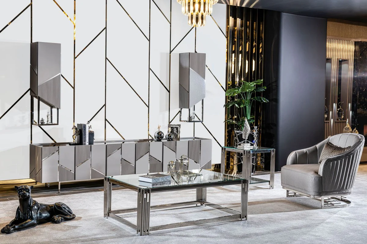 Luxus Beistelltisch Silber 50 x 50 x H. 58 cm - Quadratischer Tisch mit Glasplatte - Wohnzimmer Möbel - Luxus Möbel - Luxus Einrichtung - Wohnzimmer Einrichtung