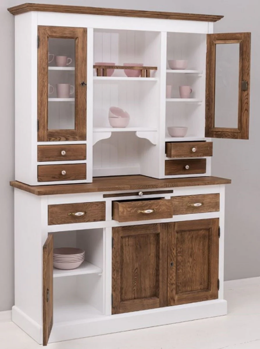Landhausstil Esszimmerschrank Weiß / Dunkelbraun 137 x 50 x H. 197 cm - Massivholz Küchenschrank - Esszimmer Möbel im Landhausstil - Landhausstil Esszimmer Einrichtung