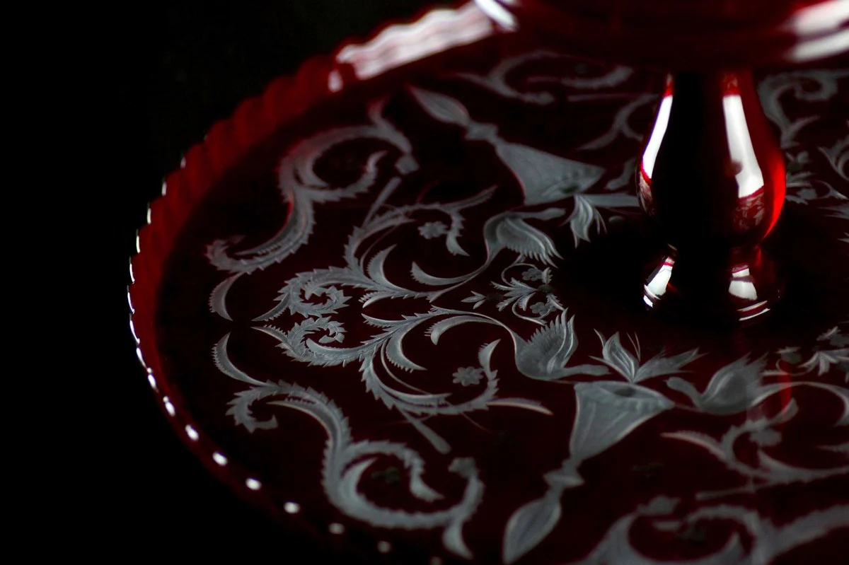 Luxus Kuchenteller Rot / Silber Ø 32 x H. 12 cm - Handgefertigte und handgravierte Glas Kuchenplatte - Hotel & Restaurant Accessoires - Luxus Qualität