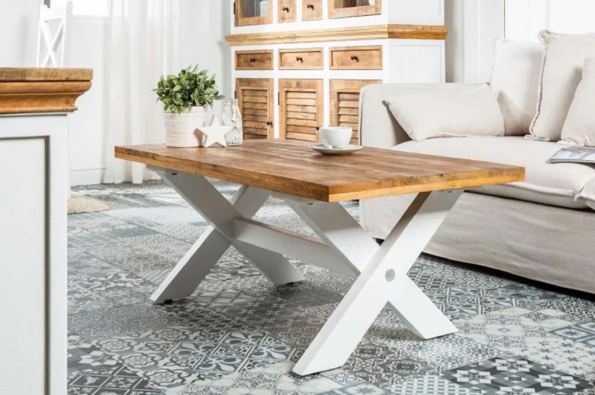 Landhausstil Couchtisch Naturfarben / Weiß 110 x 60 x H. 45 cm - Handgefertigter Massivholz Wohnzimmertisch - Wohnzimmer Möbel im Landhausstil