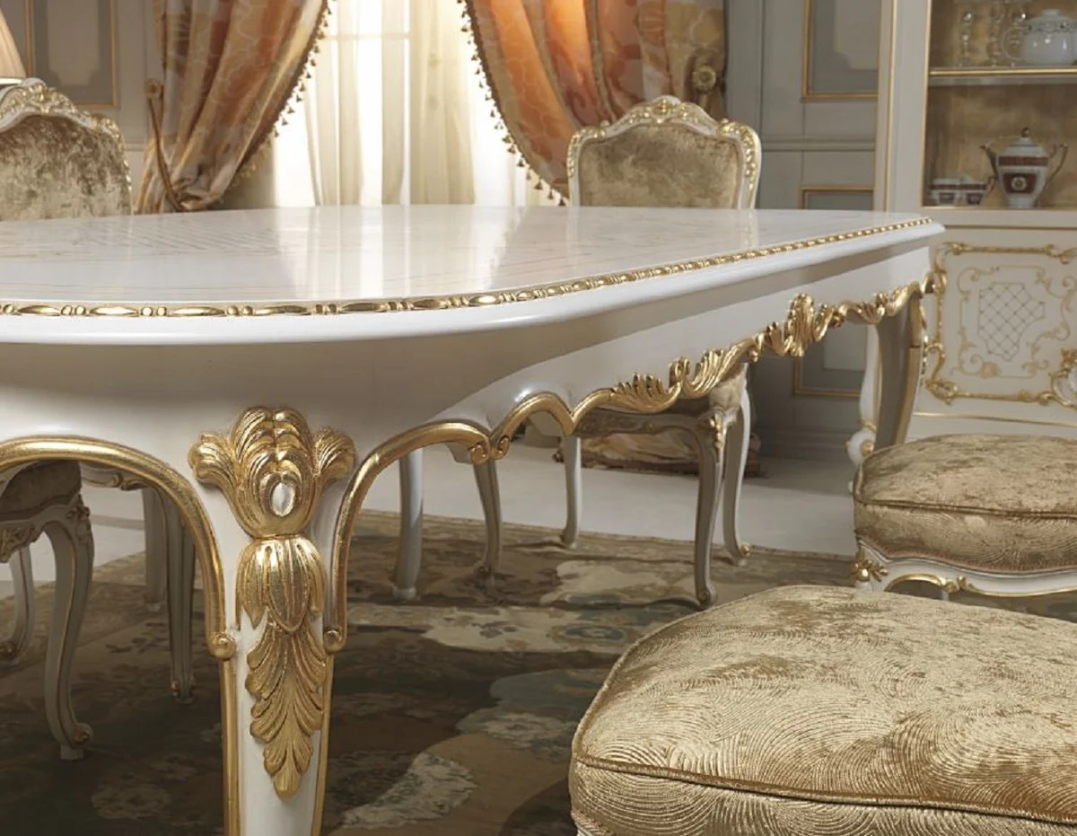 Luxus Barock Esszimmer Set Weiß / Gold - 1 Esstisch & 6 Esszimmerstühle - Esszimmer Möbel im Barockstil - Hotel Restaurant Schloss Möbel - Luxus Qualität - Made in Italy