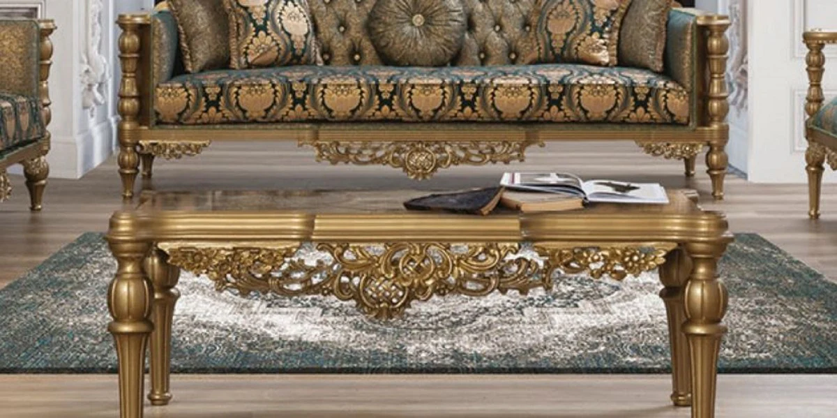 Luxus Barock Wohnzimmer Set Grün / Gold - 2 Sofas & 2 Sessel & 1 Couchtisch - Wohnzimmer Möbel im Barockstil - Edel & Prunkvoll