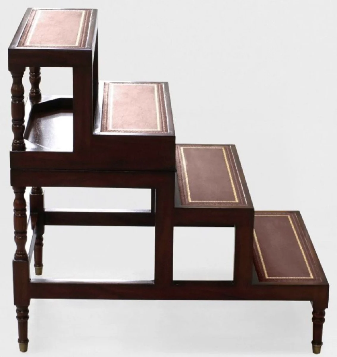 Luxus Jugendstil Couchtisch Dunkelbraun / Bordeauxrot / Gold - Ausklappbare Massivholz Bibliothekstreppe mit Echtleder - Jugendstil Wohnzimmer Möbel - Edel & Prunkvoll