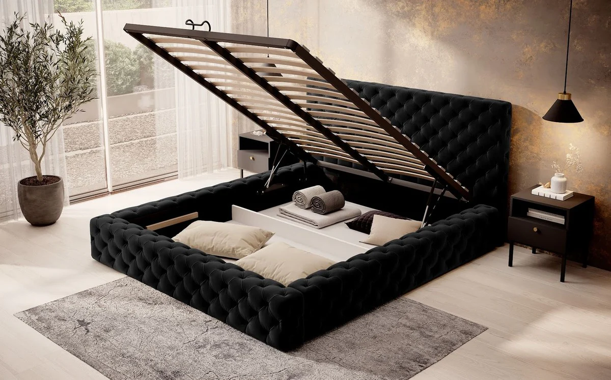 Luxus Chesterfield Samt Doppelbett mit Matratze Schwarz - Verschiedene Größen