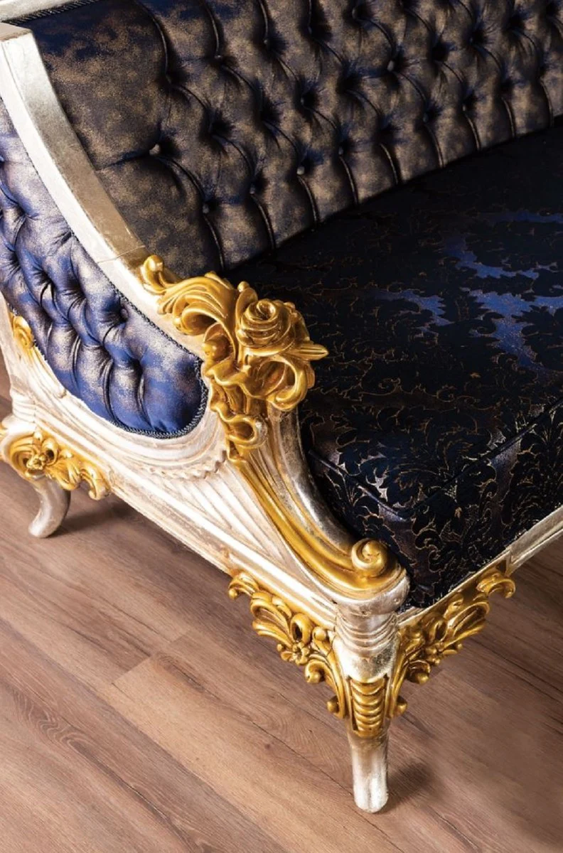 Luxus Barock Sofa Royalblau / Schwarz / Silber / Gold - Prunkvolles Wohnzimmer Sofa mit elegantem Muster - Barock Wohnzimmer Möbel