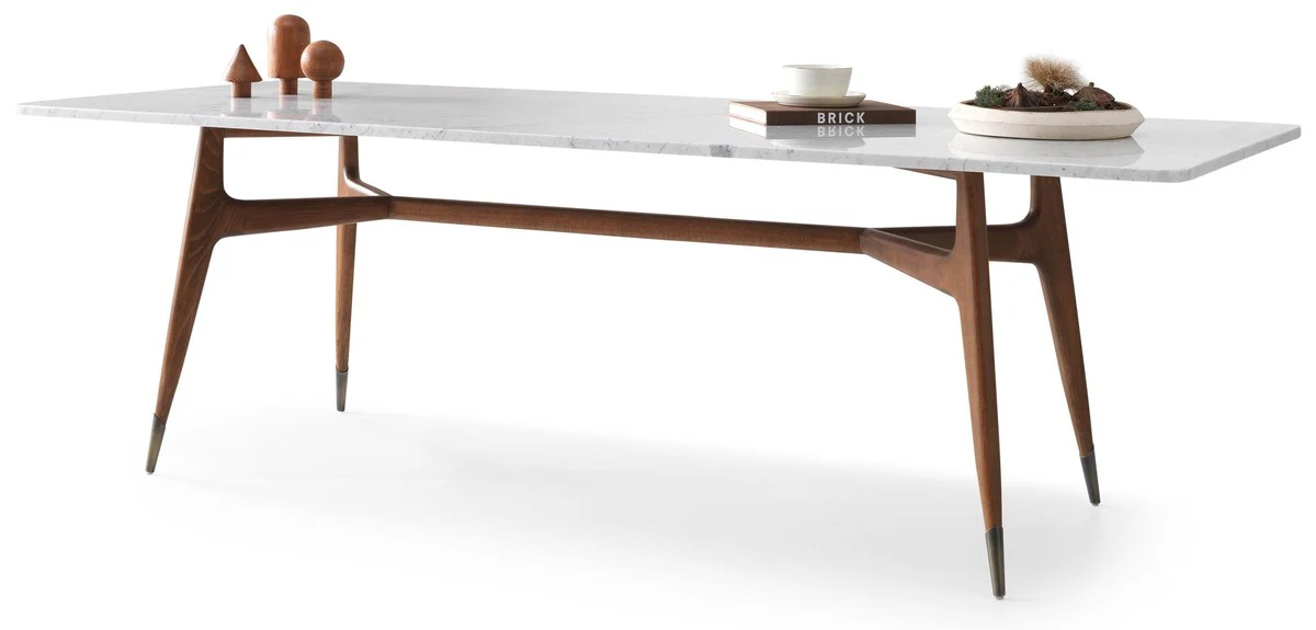 Luxus Esstisch Weiß / Braun 240 x 100 x H. 75 cm - Rechteckiger Esszimmertisch mit Marmorplatte - Esszimmer Möbel - Luxus Möbel - Luxus Esszimmer Einrichtung