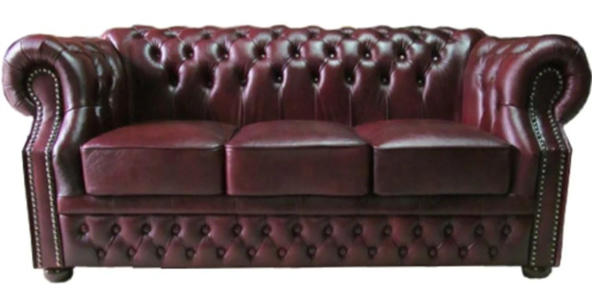 Luxus Echtleder 3er Sofa Dunkelrot 210 x 90 x H. 80 cm - Chesterfield Sofa