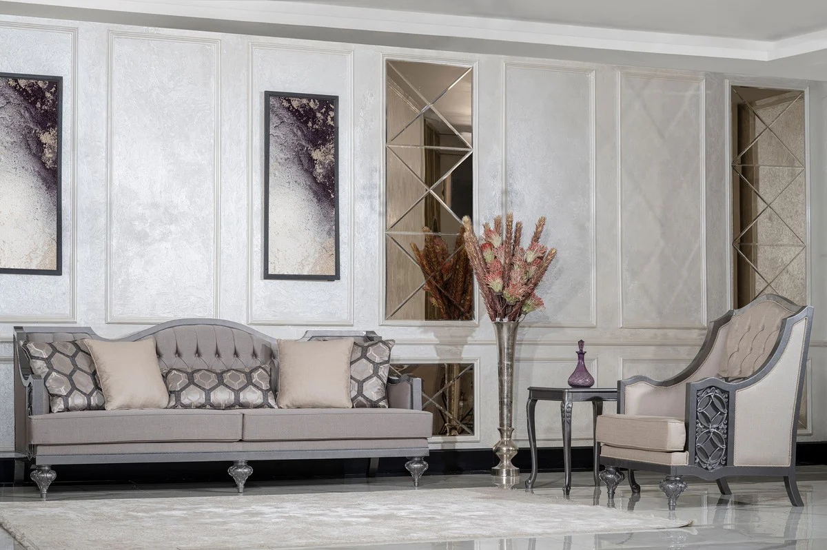 Luxus Barock Wohnzimmer Sofa Grau / Grau - Handgefertigtes Barockstil Sofa mit dekorativen Kissen - Luxus Wohnzimmer Möbel im Barockstil - Barock Möbel