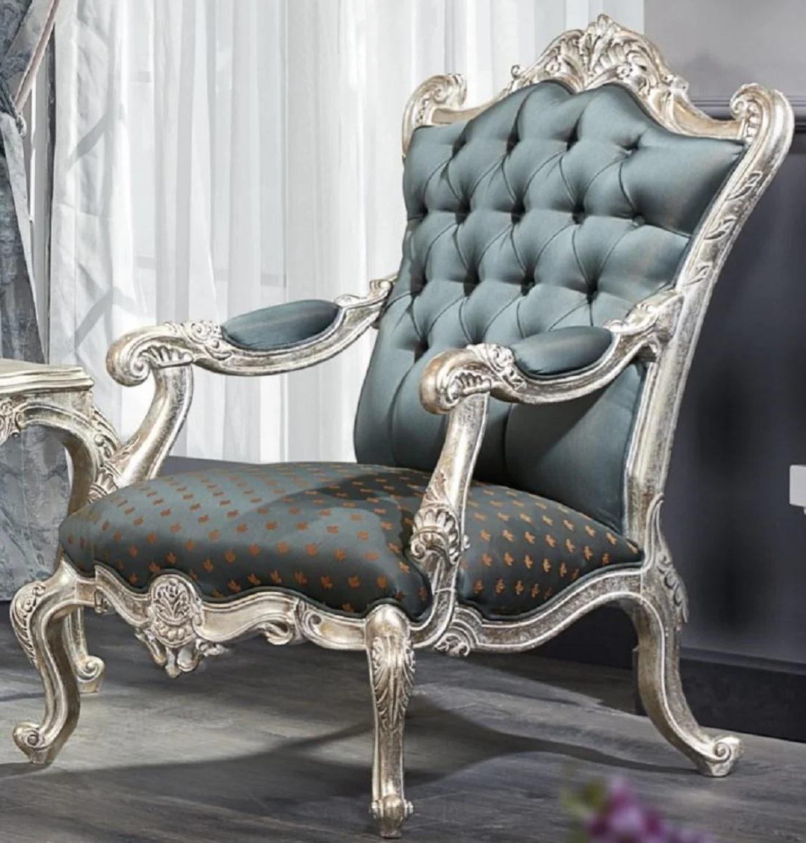 Luxus Barock Chesterfield Thron Sessel Türkis / Dunkeltürkis / Gold / Silber 87 x 83 x H. 110 cm - Barockmöbel