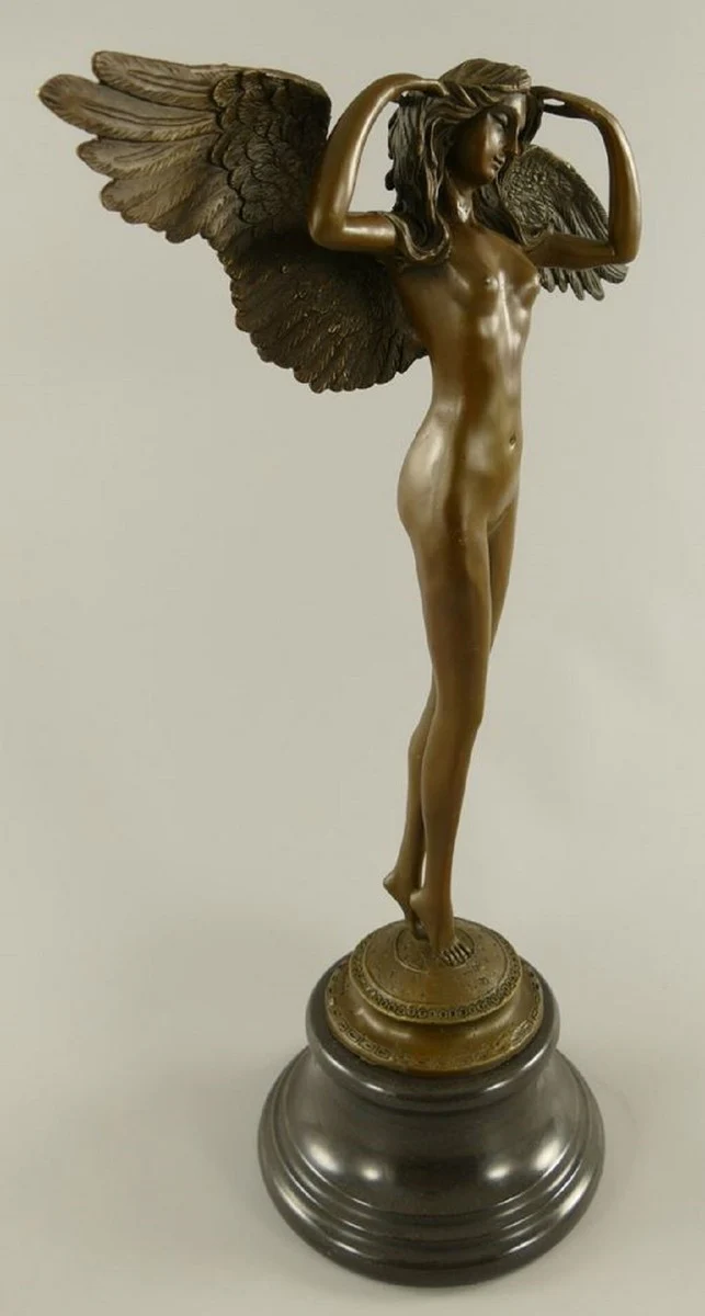 Luxus Jugendstil Deko Skulptur Engel Bronze / Schwarz 38 x 20 x H. 57 cm - Bronze Figur mit Marmorsockel - Barock & Jugendstil Bronze Skulpturen