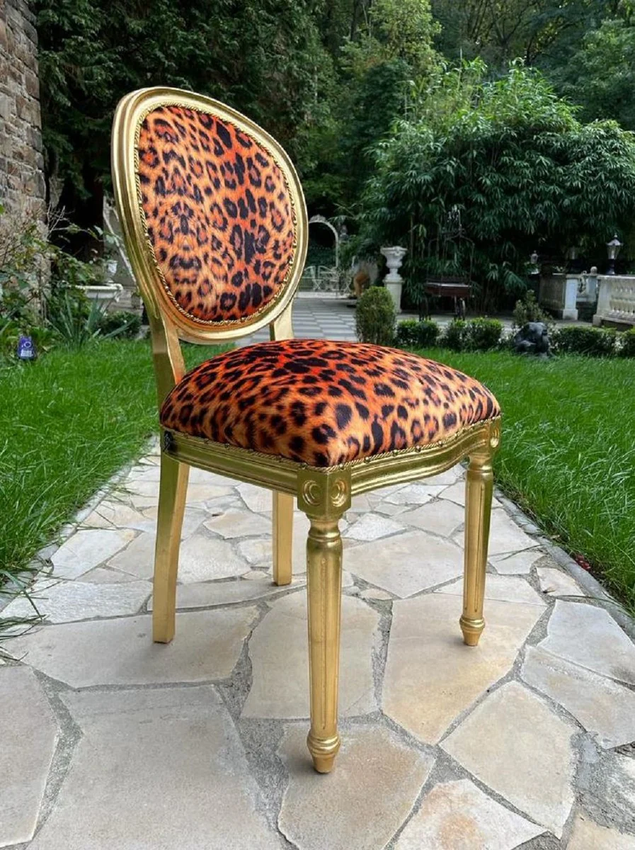 Luxus Barock Esszimmer Stuhl Leopard / Gold - Handgefertigter Barockstil Stuhl mit edlem Kunstfell - Esszimmer Möbel im Barockstil - Barock Möbel - Barock Einrichtung