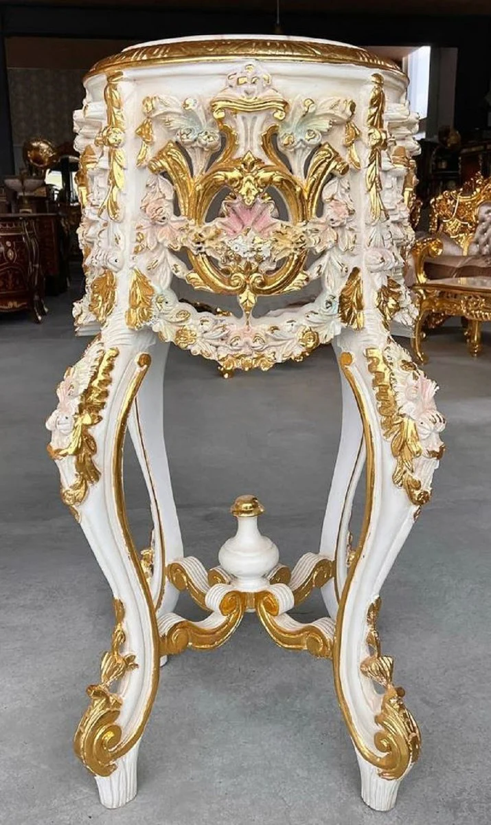 Barock Säule mit Marmorplatte Weiß / Rosa / Gold - Prunkvoller Antik Stil Massivholz Blumentisch - Wohnzimmer Möbel im Barockstil - Antik Stil Möbel - Barock Möbel