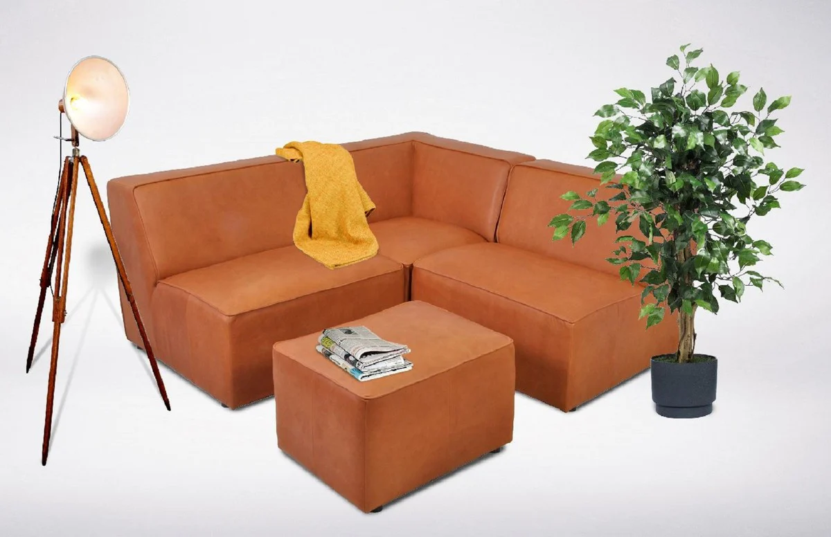 Modulares Luxus Kunstleder Ecksofa mit Hocker Braun