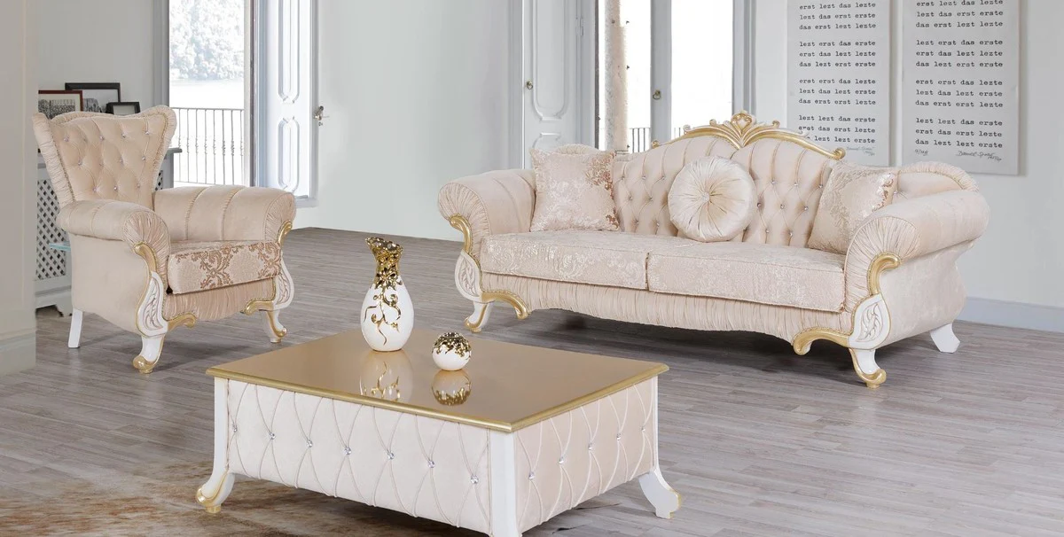 Barock Wohnzimmer Set Beige / Weiß / Gold - 2 Sofas & 2 Sessel & 1 Couchtisch - Wohnzimmer Möbel im Barockstil - Edle Barock Möbel