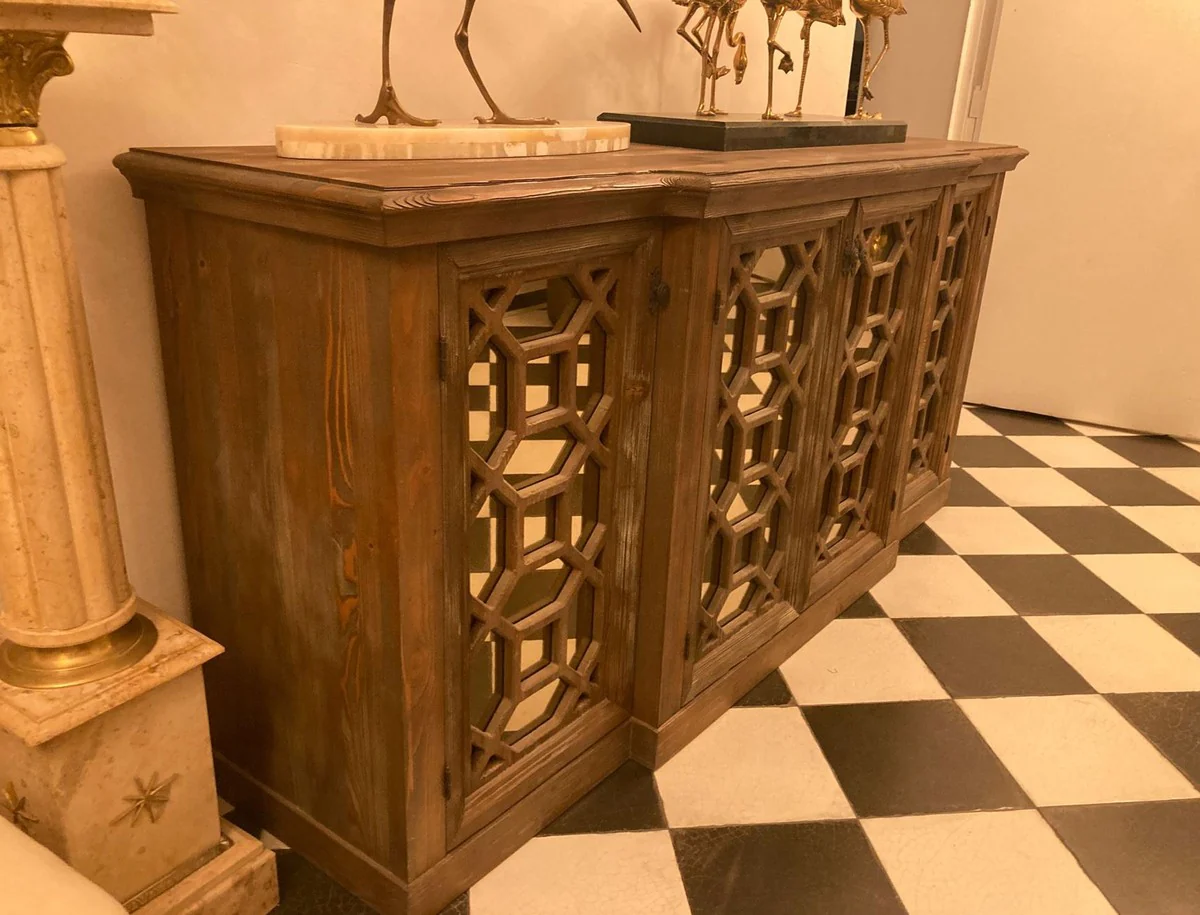 Landhausstil Sideboard Antik Braun 210 x 50 x H. 100 cm - Massivholz Schrank mit 4 verspiegelten Türen - Landhausstil Möbel