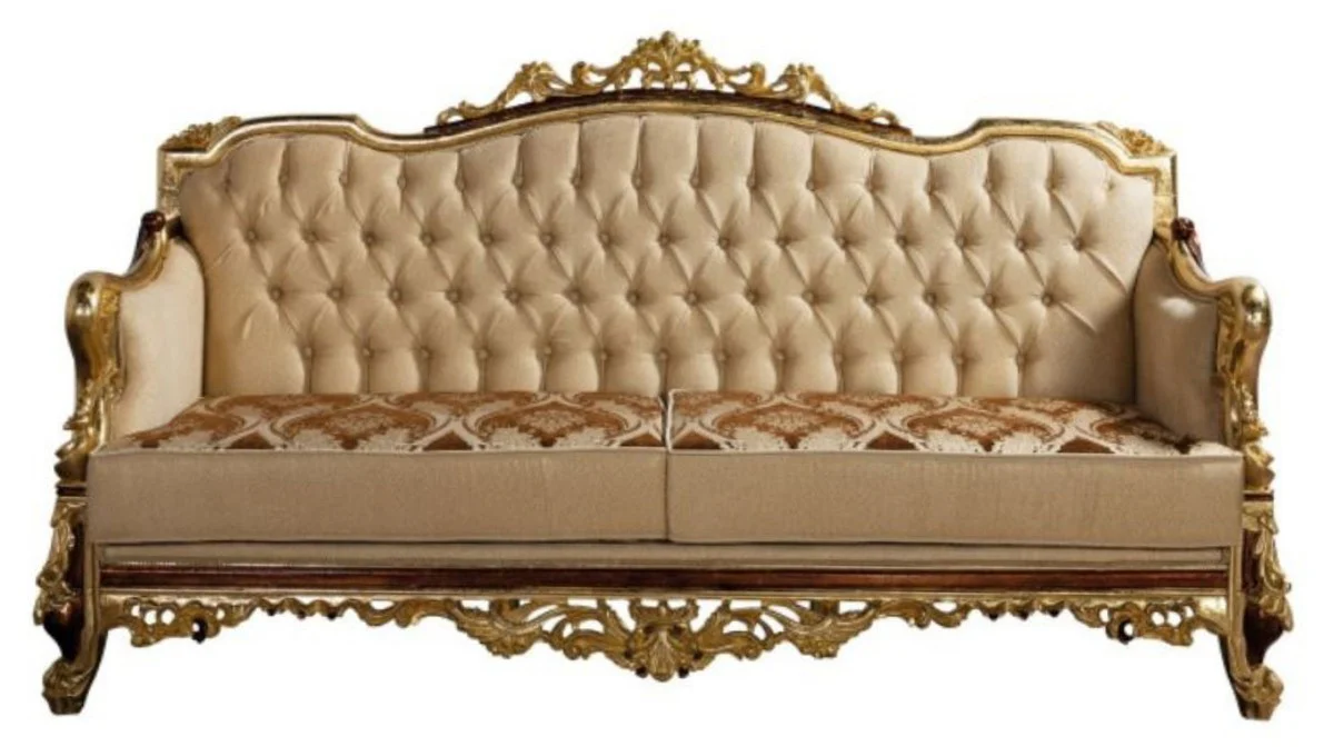 Luxus Barock Sofa Beige / Braun / Gold - Prunkvolles Wohnzimmer Sofa mit Muster - Barock Wohnzimmer Möbel