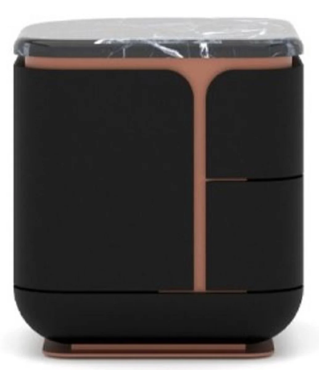 Luxus Nachtkommode Schwarz / Kupfer 60 x 50 x H. 57 cm - Massivholz Nachttisch mit 2 Schubladen und Marmorplatte - Schlafzimmer Möbel - Hotel Möbel - Luxus Möbel