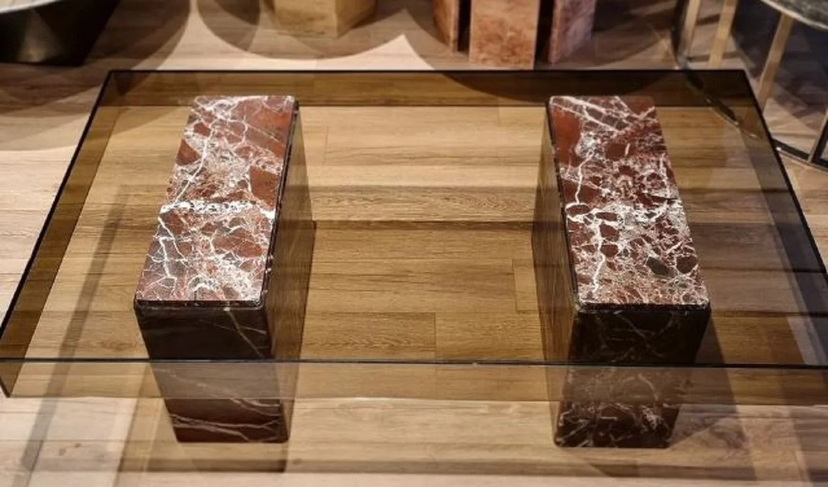 Luxus Couchtisch Rot 130 x 70 x H. 41 cm - Rechteckiger Marmor Wohnzimmertisch mit Glasplatte - Wohnzimmer Möbel - Luxus Möbel - Marmor Möbel - Luxus Einrichtung