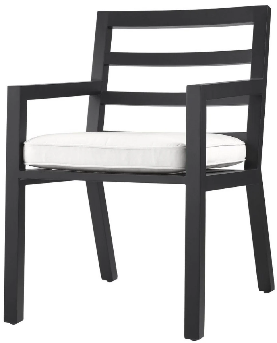 Luxus Esszimmerstuhl mit Armlehnen Schwarz / Weiß 56 x 66,5 x H. 87 cm - Wetterbeständiger Aluminium Stuhl mit Sitzkissen - Garten Terrassen Stuhl - Luxus Qualität