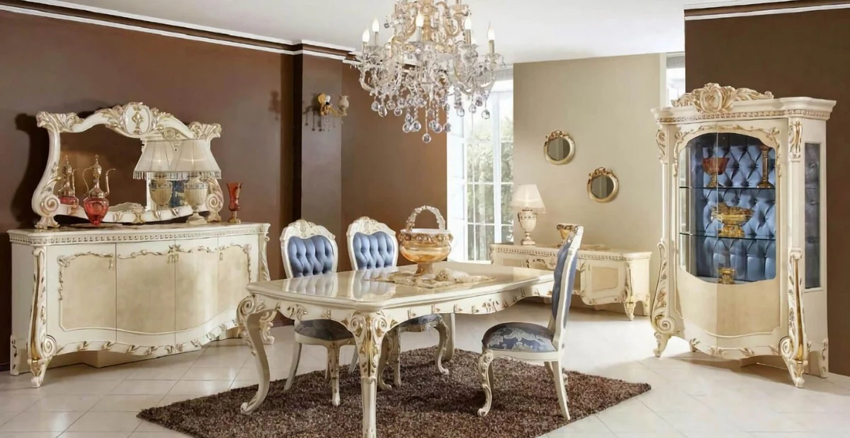 Luxus Barock Vitrine Beige / Weiß / Gold / Blau - Prunkvoller Massivholz Vitrinenschrank mit 2 Glastüren - Handgefertigte Barock Möbel - Edel & Prunkvoll