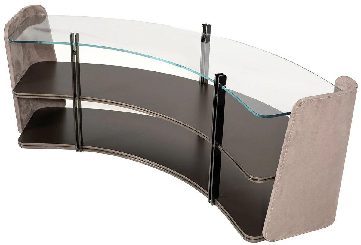 Luxus Regalschrank Grau / Dunkelbraun / Bronze 141,45 x 105,41 x H. 61,5 cm - Gebogener Schrank mit Glasplatte - Wohnzimmer Möbel - Hotel Möbel - Luxus Möbel