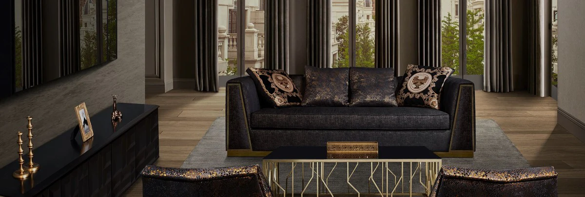 Luxus Wohnzimmer Sofa mit dekorativen Kissen Schwarz / Gold 238 x 97 x H. 72 cm - Luxus Möbel