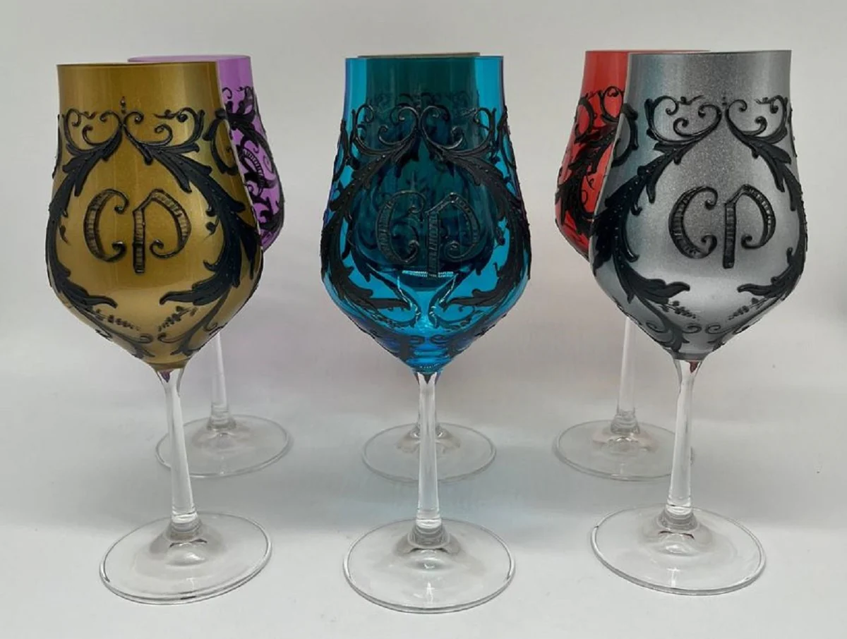 Luxus Barock Weinglas Set Bunt / Schwarz - Handgefertigte Weingläser