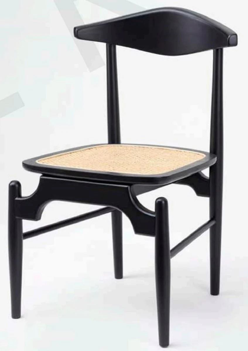 Luxus Esszimmerstuhl 6er Set Schwarz / Naturfarben 53 x 54 x H. 85 cm - Luxus Massivholz Küchen Stühle mit Rattan Sitzfläche - Esszimmer Möbel - Küchen Möbel - Luxus Möbel