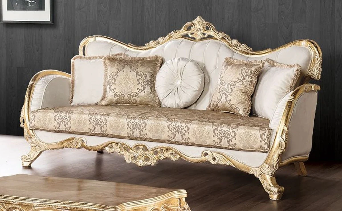 Luxus Barock Sofa Weiß / Mehrfarbig / Antik Gold - Prunkvolles Wohnzimmer Sofa mit elegantem Muster - Barock Wohnzimmer Möbel - Edel & Prunkvoll