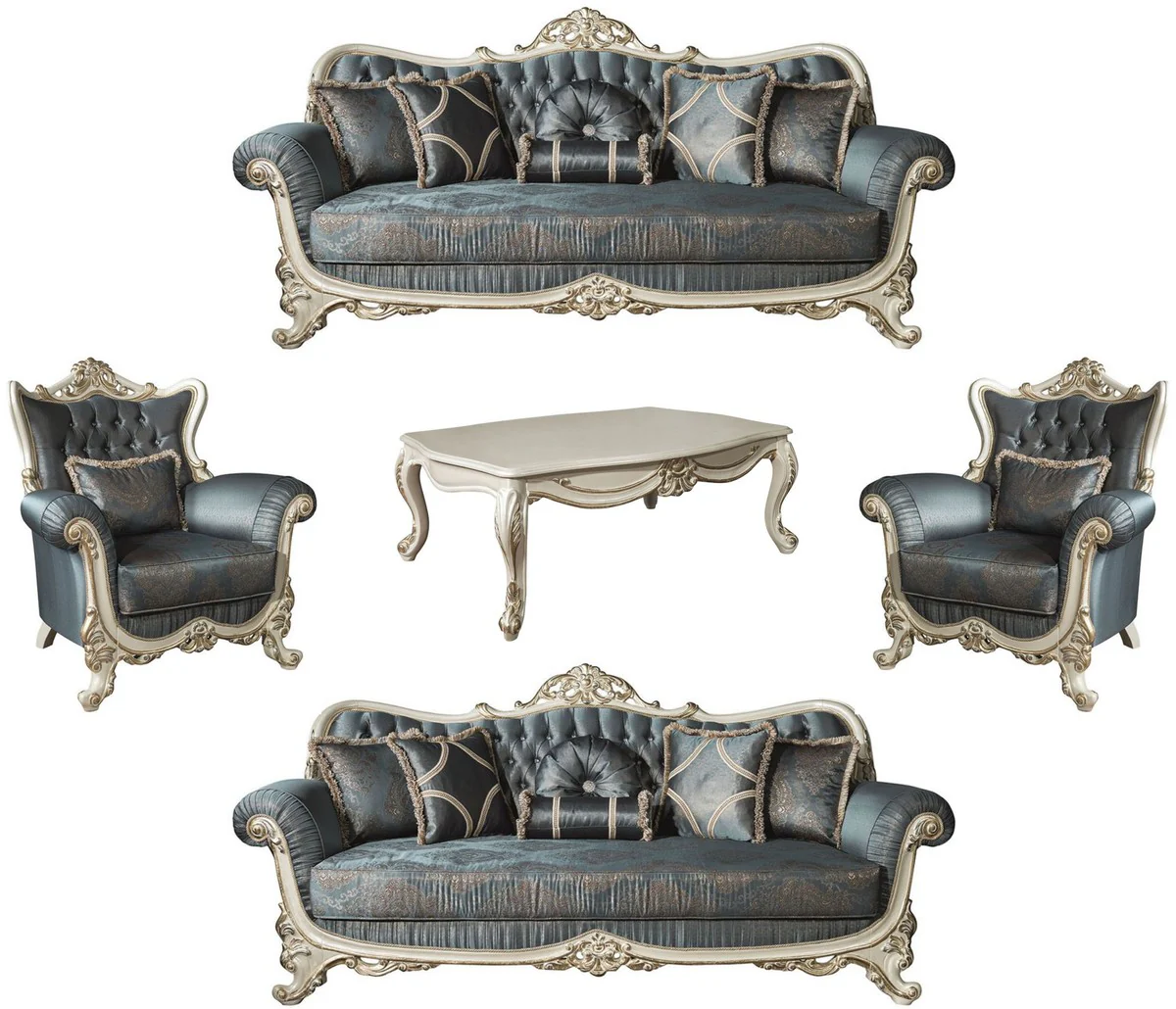 Luxus Barock Wohnzimmer Set Blau / Creme / Gold - 2 Sofas & 2 Sessel & 1 Couchtisch - Prunkvolle Möbel im Barockstil