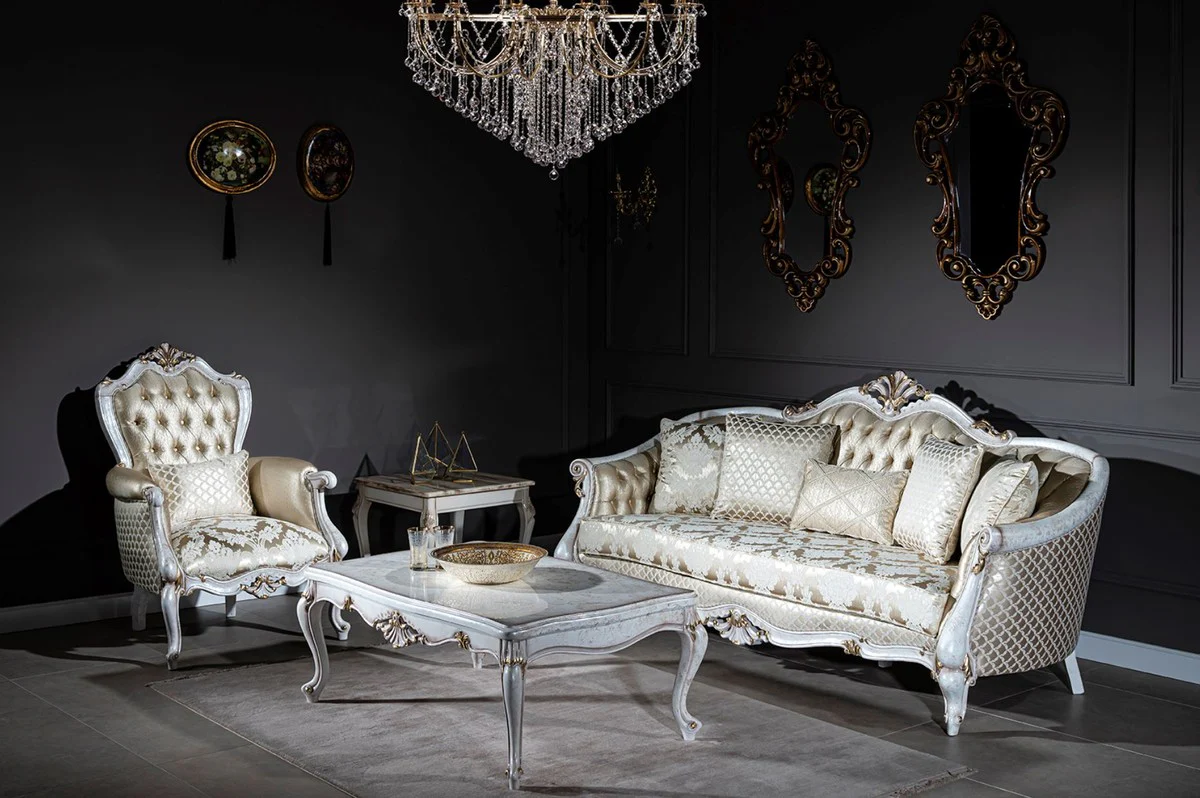 Luxus Barock Couchtisch Antik Weiß / Gold 118 x 80 x H. 48 cm - Massivholz Wohnzimmertisch - Wohnzimmer Möbel im Barockstil