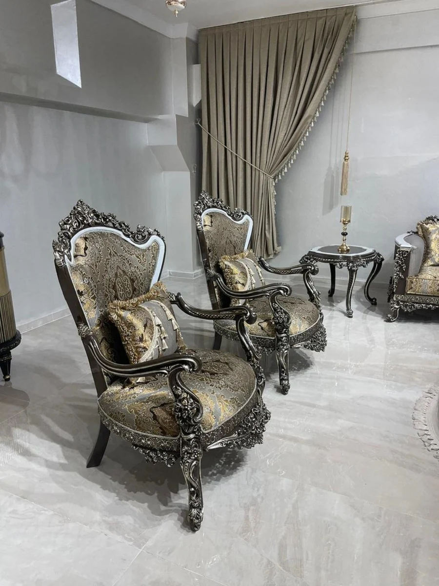 Luxus Barock Wohnzimmer Set Silber / Gold / Weiß / Schwarz / Silber - 2 Barock Sofas & 2 Barock Sessel & 1 Barock Couchtisch - Luxus Wohnzimmer Möbel im Barockstil - Barock Möbel