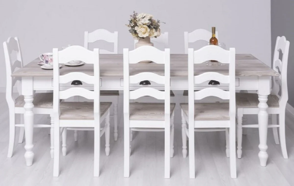 Landhausstil Esszimmer Möbel Set Weiß / Naturfarben - 1 Landhausstil Esstisch & 8 Landhausstil Esszimmerstühle - Massivholz Esszimmer Möbel - Landhausstil Esszimmer Möbel