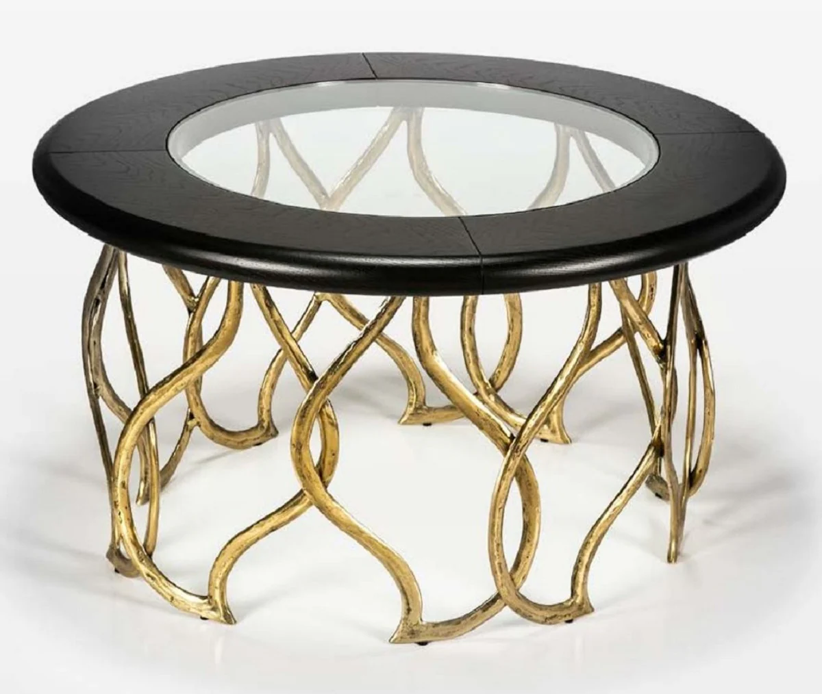 Luxus Couchtisch Schwarz / Messingfarben Ø 80 x H. 45 cm - Runder Wohnzimmertisch mit Glasplatte - Luxus Wohnzimmer Möbel