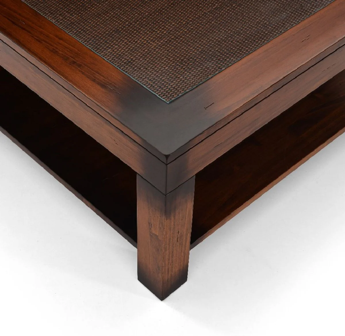 Luxus Vintage Stil Couchtisch Braun 100 x 100 x H. 45,5 cm - Quadratischer Massivholz Wohnzimmertisch mit Glasplatte - Vintage Stil Wohnzimmer Möbel - Luxus Möbel