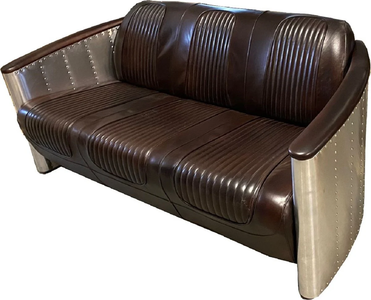 Luxus Art Deco Leder Sofa 172 x 70 x H. 82 cm - Verschiedene Farben - Aluminium Wohnzimmer Sofa mit Echtleder - Aluminium Flugzeug Flieger Sofa Möbel