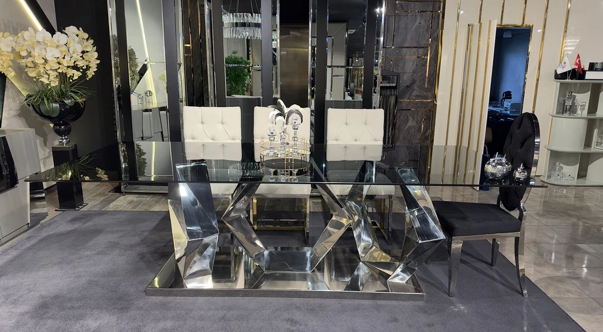 Luxus Designer Esstisch Silber 240 x 100 x H. 76 cm - Rechteckiger Metall Esszimmertisch mit Glasplatte - Esszimmer Möbel - Luxus Möbel - Luxus Esszimmer Einrichtung