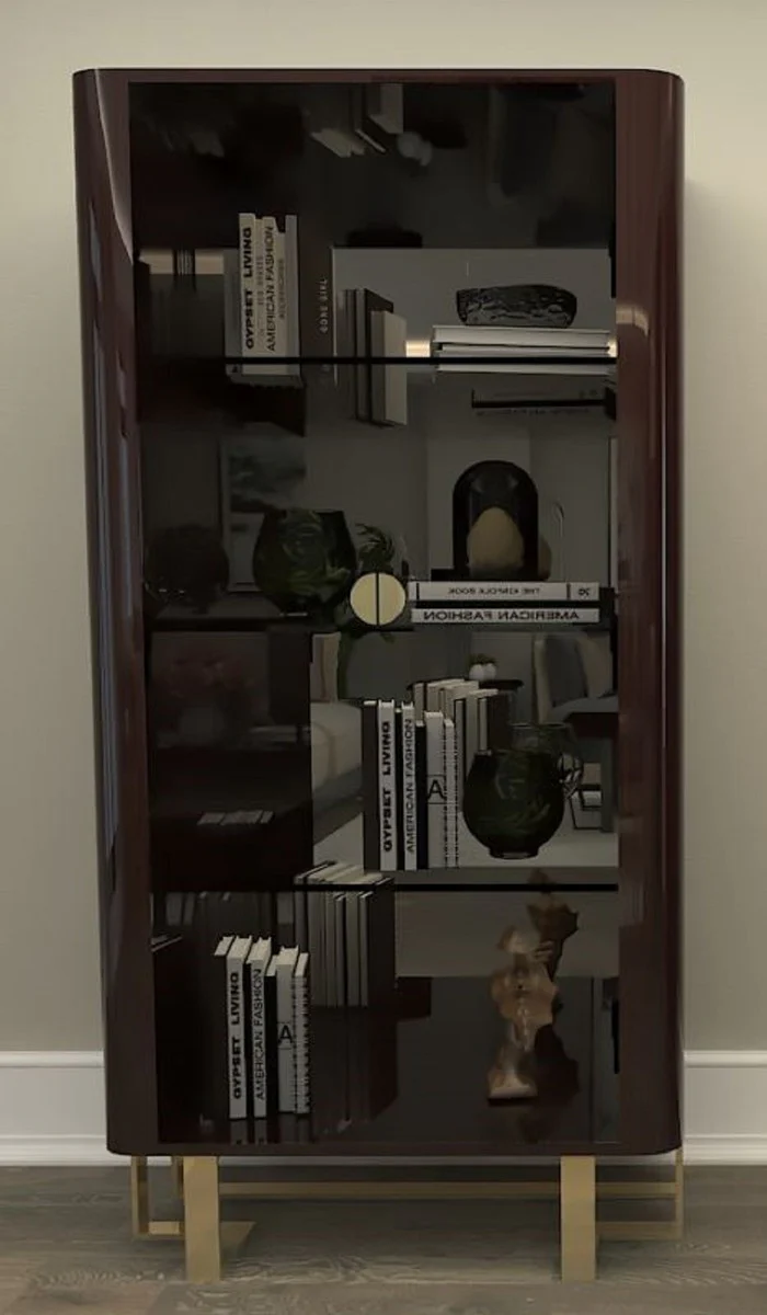 Luxus Art Deco Vitrine Dunkelbraun / Gold - Handgefertigter Massivholz Vitrinenschrank mit 2 Glastüren - Art Deco Wohnzimmer Möbel