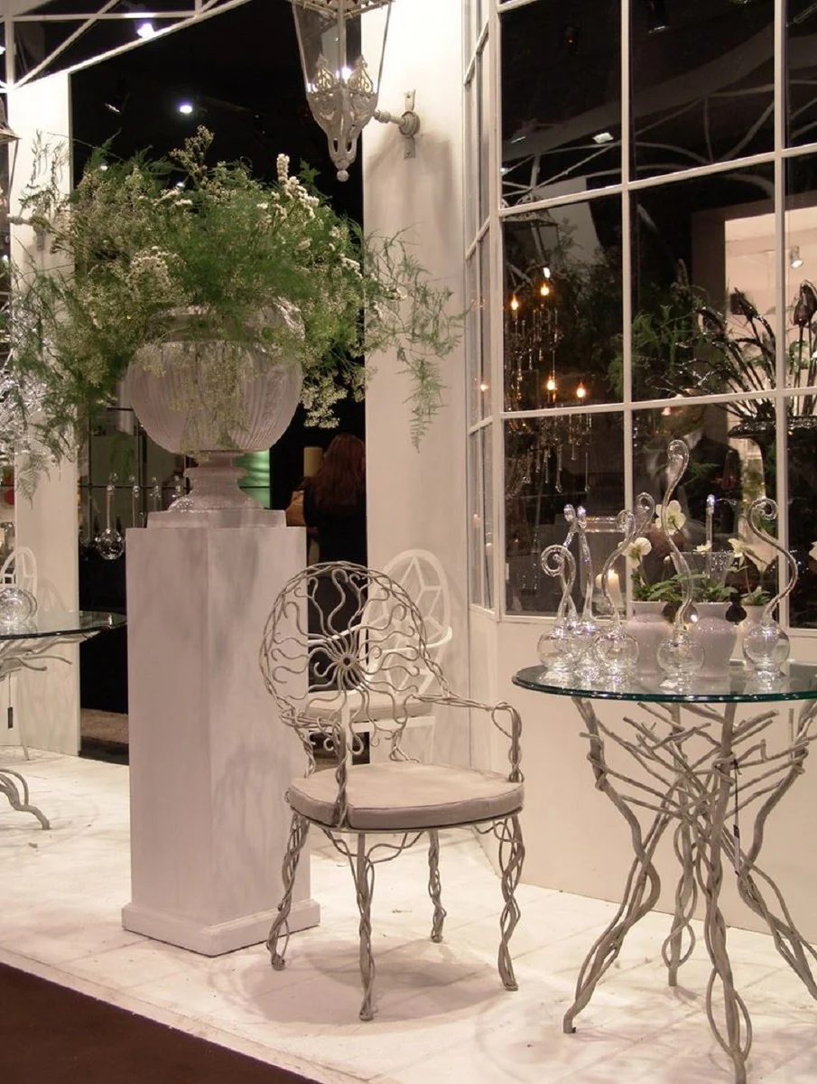 Luxus Jugendstil Tisch Grau Ø 60 x H. 75 cm - Handgeschmiedeter Schmiedeeisen Gartentisch mit Glasplatte - Luxus Jugendstil Garten & Esszimmer Möbel