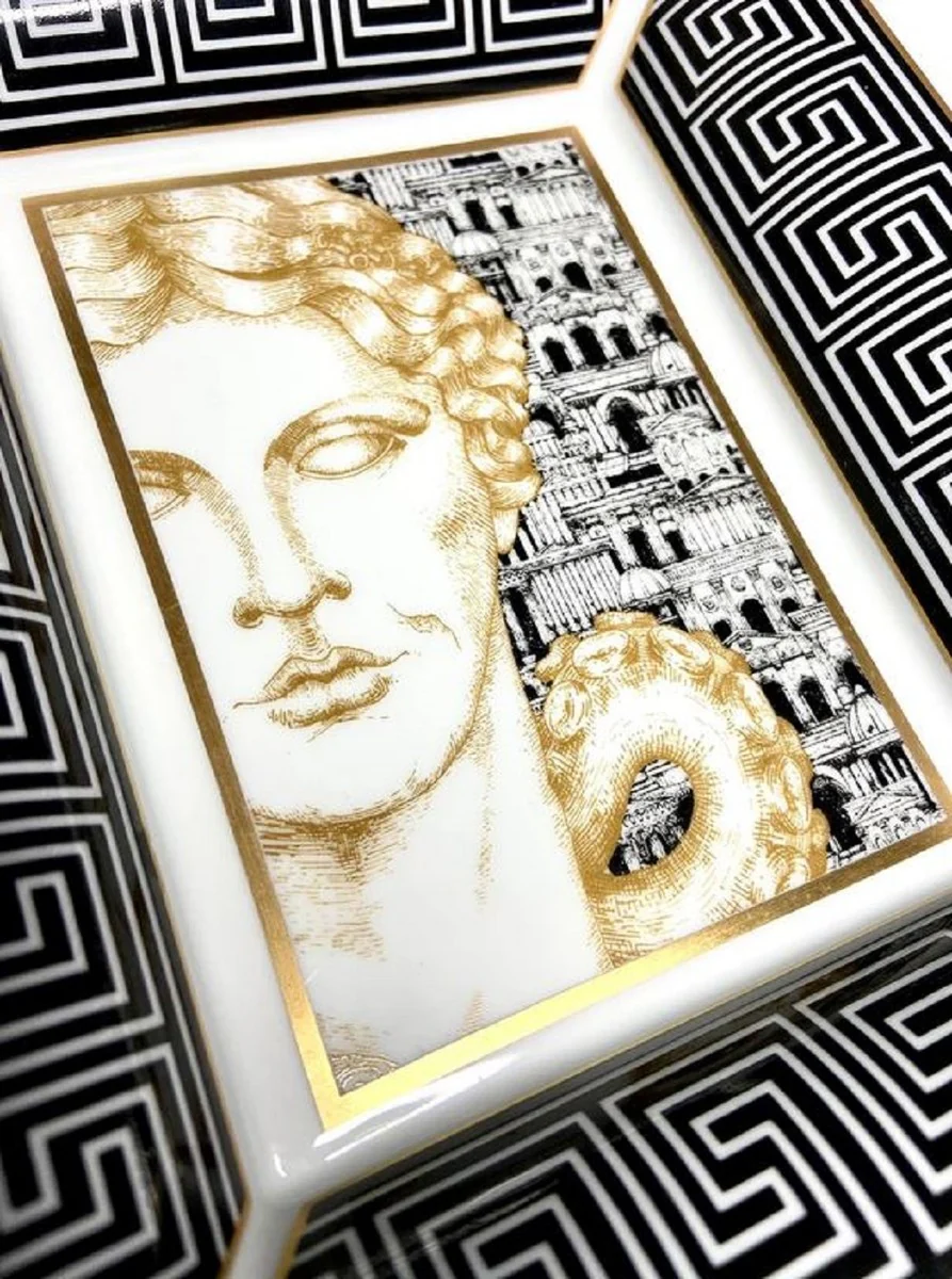 Luxus Deko Schale Dame Weiß / Schwarz / Gold 20,5 x 17,5 x H. 13,5 cm - Handbemalte Porzellan Schale - Luxus Qualität - Made in Italy