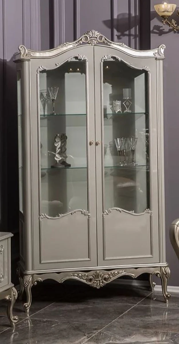 Luxus Barock Vitrine Grau / Silber 108 x 47 x H. 202 cm - Massivholz Vitrinenschrank im Barockstil - Edel & Prunkvoll