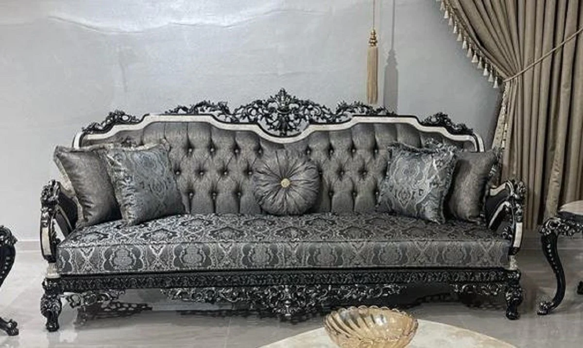 Luxus Barock Wohnzimmer Set Silber / Weiß / Schwarz / Gold - 2 Barock Sofas & 2 Barock Sessel & 1 Barock Couchtisch - Luxus Wohnzimmer Möbel im Barockstil - Barock Möbel
