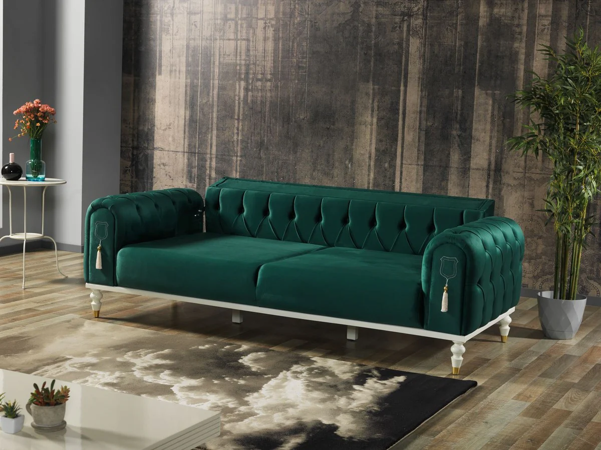Luxus Chesterfield Schlafsofa Grün / Weiß / Gold 230 x 95 x H. 83 cm - Wohnzimmer Sofa mit 3 Kissen - Luxus Wohnzimmer Möbel
